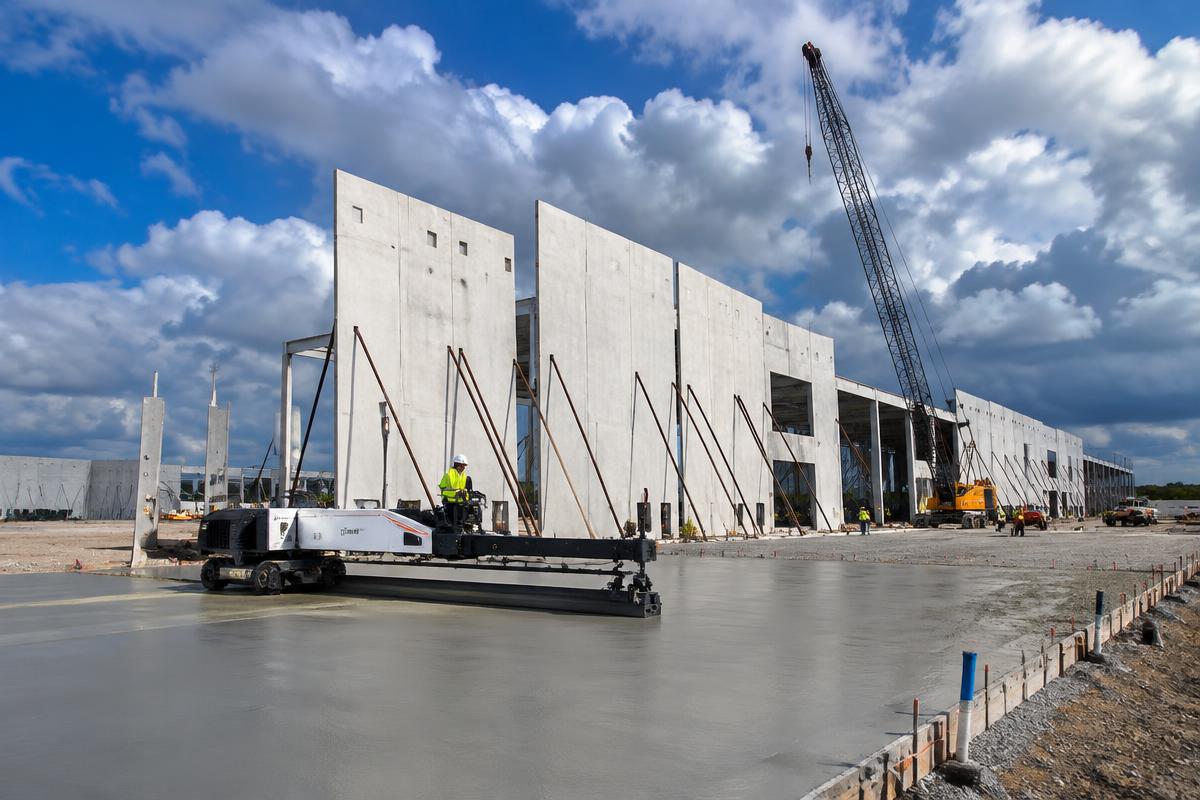 Tilt-wall panels rising over a commercial slab-on-grade pour